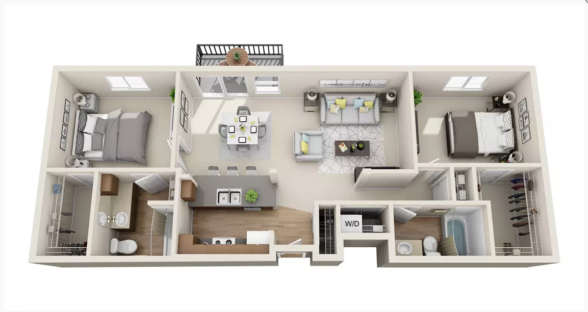 Floor plan for 2 beds, 2 baths, 1187 sqft
